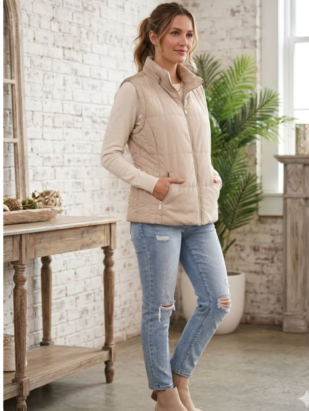 Style & Co. Sport Puffer With Contrast Knit Back Vest, Tan XL